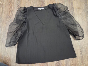 Crosby By Mollie Bunch Sheer Puff Sleeve V Neck Black Blouse Shirt Top Medium